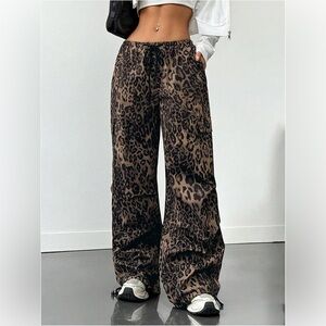 Rafaella Brown Black Cheetah Animal Print Pattern Drawstring Pants Trousers